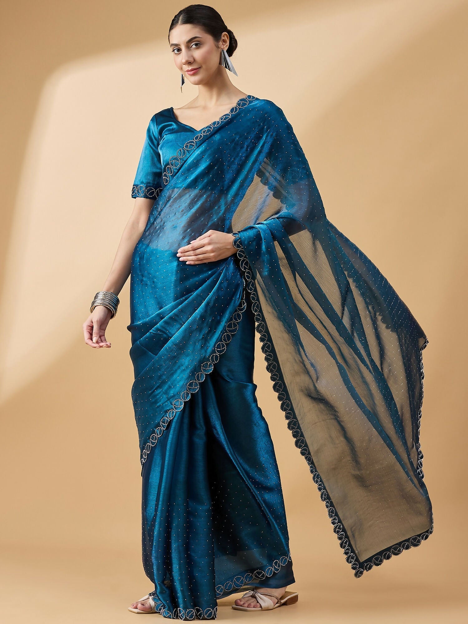 Teal Organza Swaroski Diamond Work Saree with Unstitched Blouse - Radha