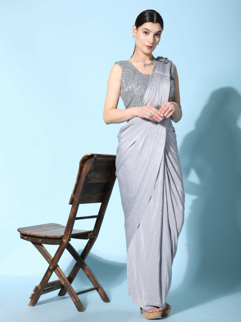 Grey Imported Crush Lycra Texture Pattern Ready to Wear Saree with stitched Blouse - Nirvana