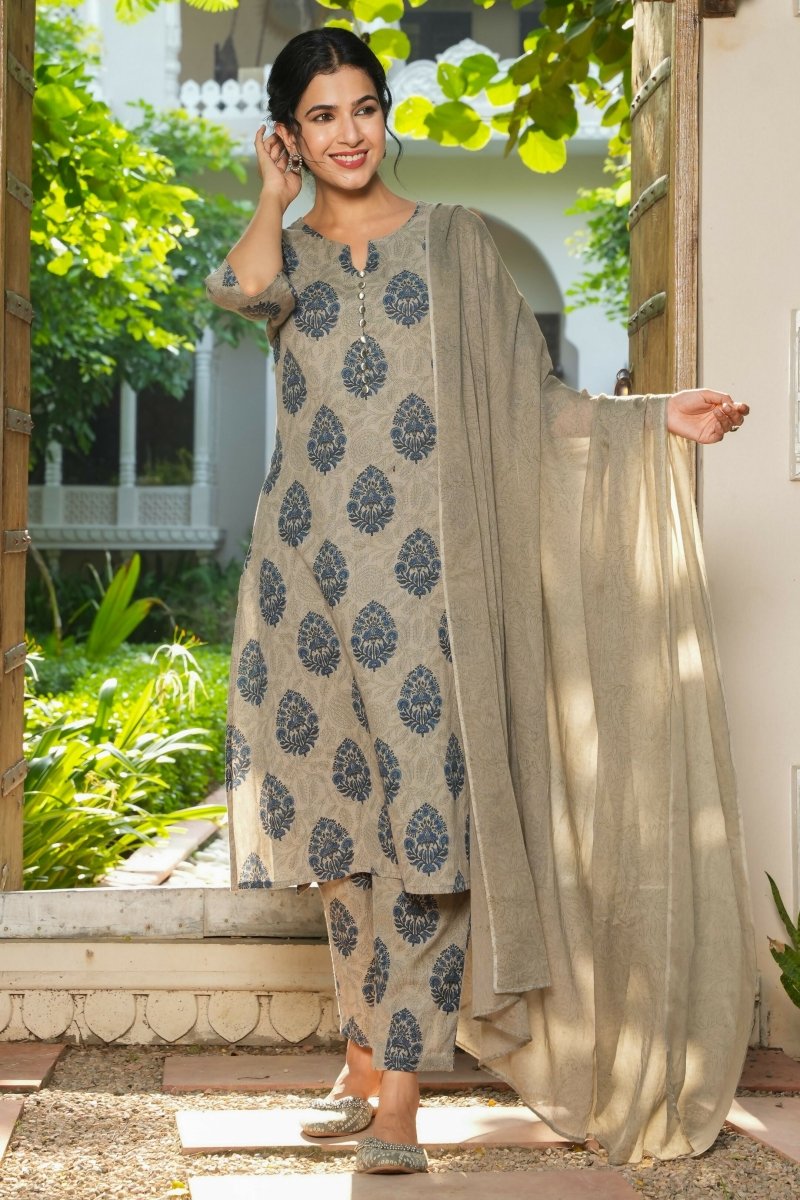 Aramya A-line Linen Cotton Floral Print Women's Kurta Set - Grey
