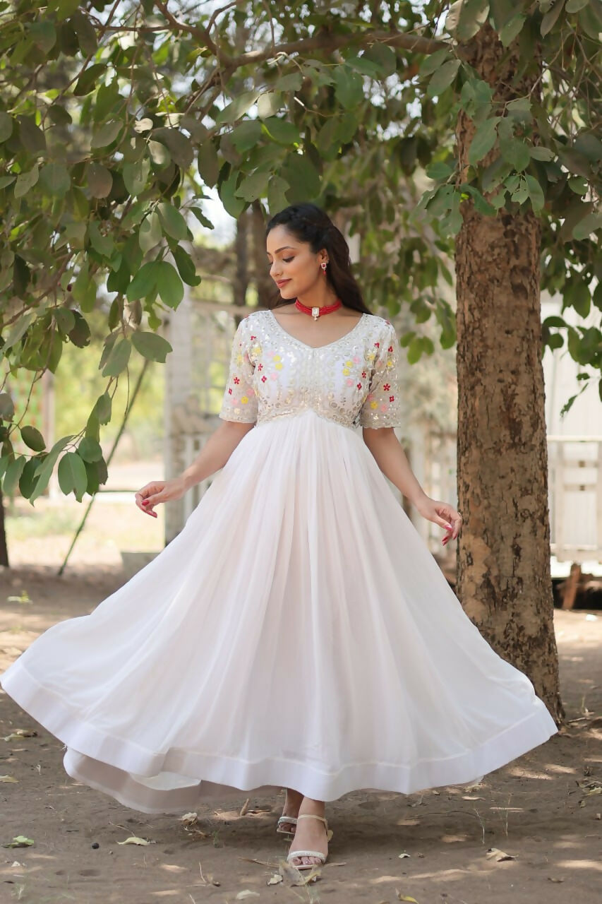 Vastranavya Faux Blooming with Embroidery Zari Sequins-work Gown - White