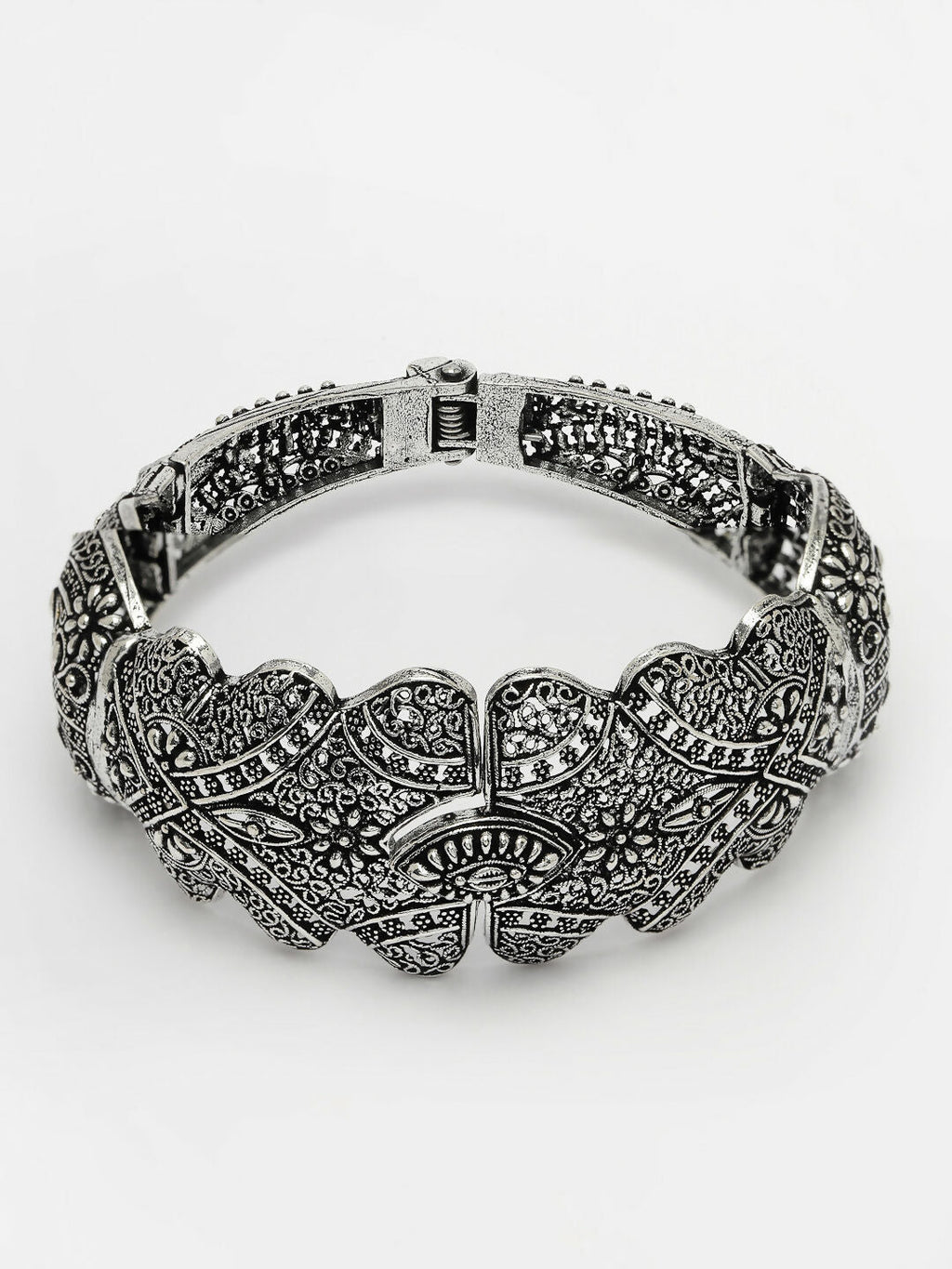 NVR Women's Silver-Toned German Silver Oxidised Kada Bangle