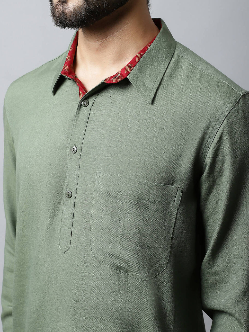 Even Apparels Green Color Linen Solid Men's Kurta With Shirt Collar (LN944)