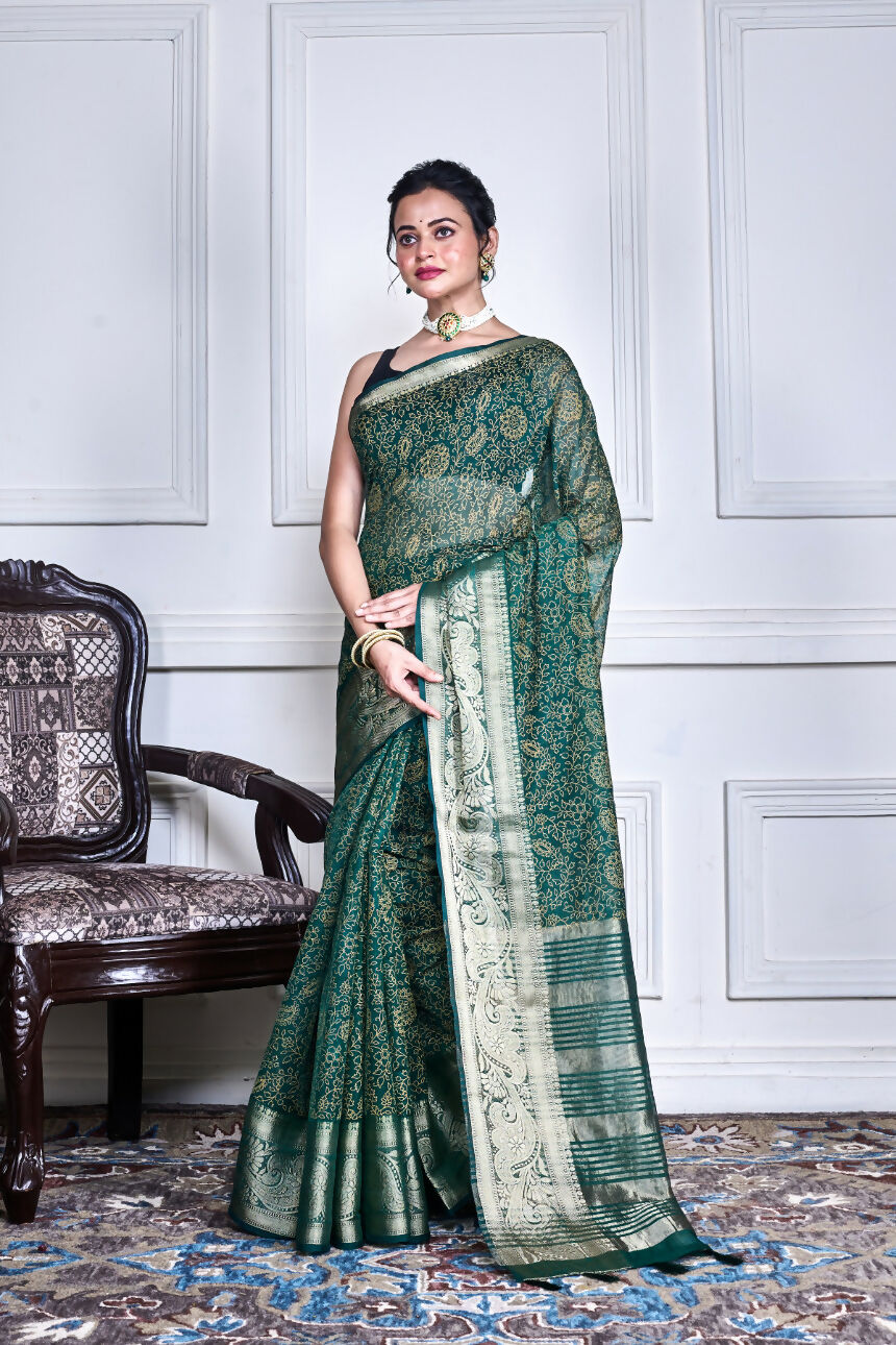 Morchari Green Script Printed Orzanga Saree Unstitched Blouse