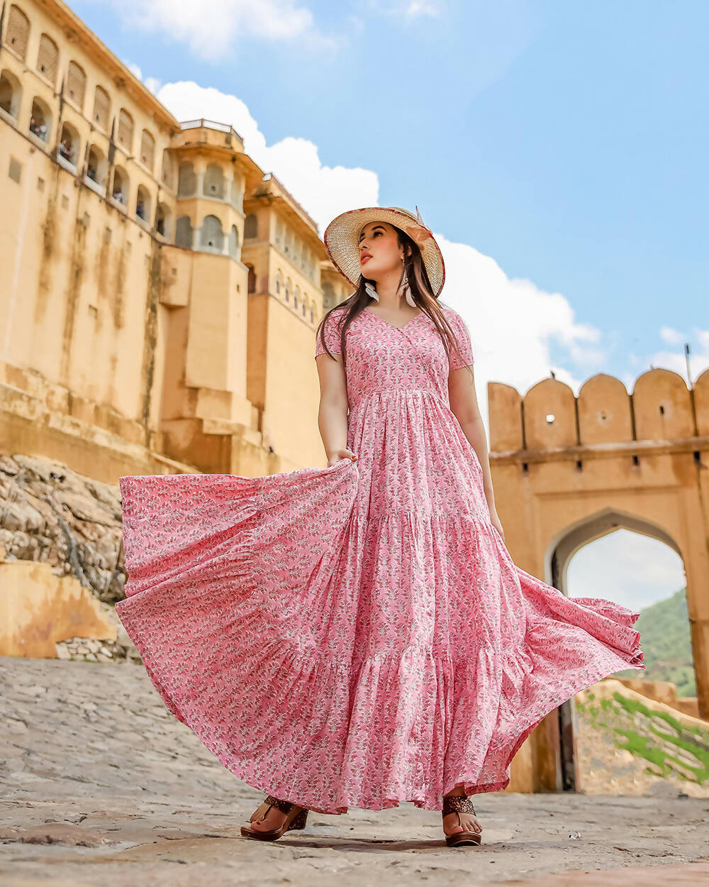 Designer Partywear Printed Pink Pure Maslin Gown - Anbazaar