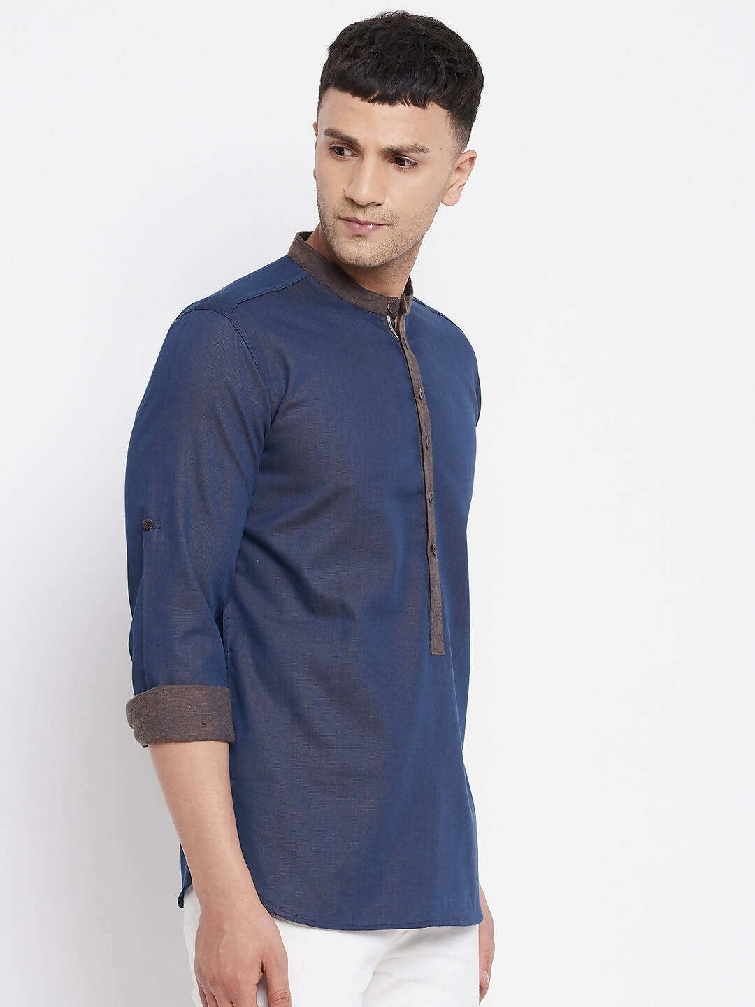 Even Apparels Pure Cotton Blue Men's Kurta With Band Collar