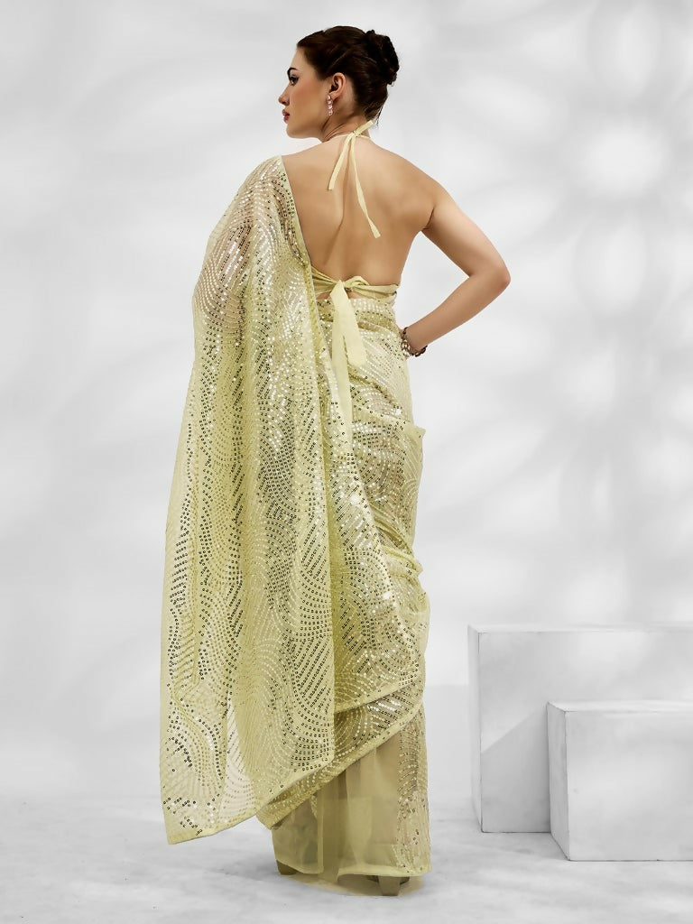 Light Green Net Organza Sequance,Thread Embroidery Work Saree with Unstitched Blouse - Vandini