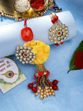 NVR Women & Men Set of 2 Red & Gold-Toned Stone-Studded & Beaded Bhaiya Bhabhi Rakhi With Roli Chawal & Chocolate