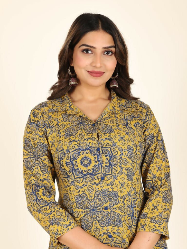 Aramya High Low Rayon Geometric Print Women's Kurta - Yellow