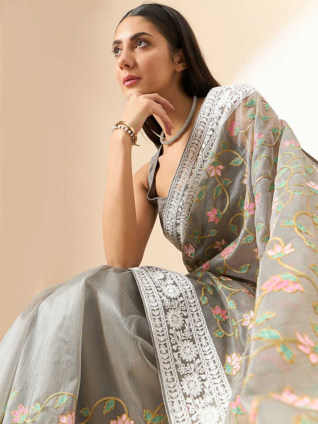 Grey Organza Floral Embroidered Saree with Unstitched Blouse Piece - Roozal
