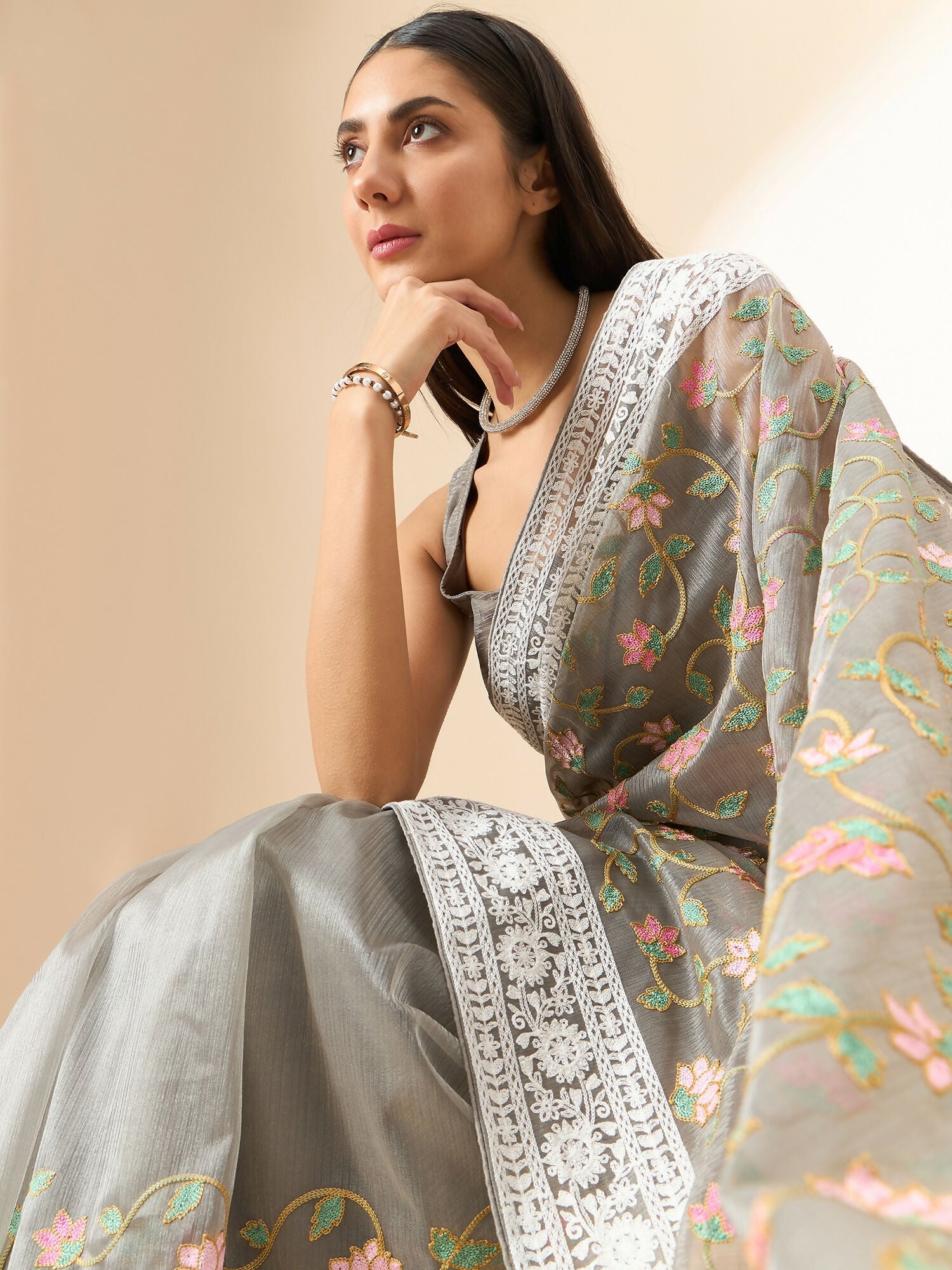 Grey Organza Floral Embroidered Saree with Unstitched Blouse Piece - Roozal