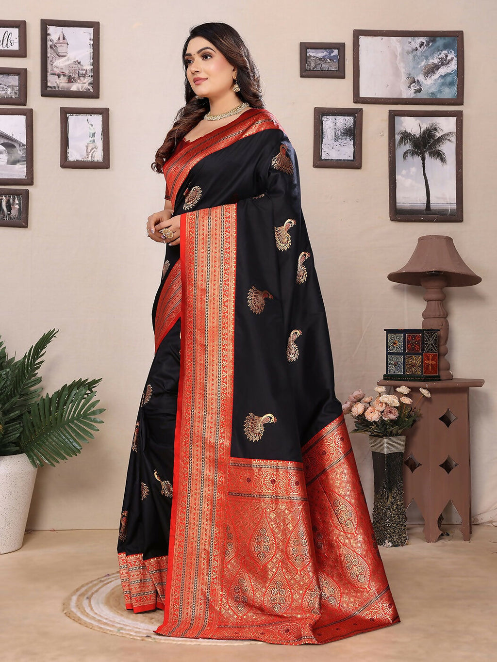 Joban Fashion Banarasi Black Small Butti Soft Silk Saree