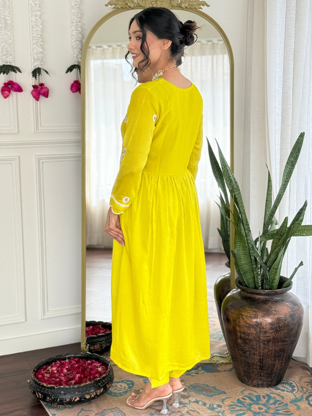 The52 Women's Gorgeous Vichitra Silk Embroidery Flared Kurta with Pant And Dupatta Set