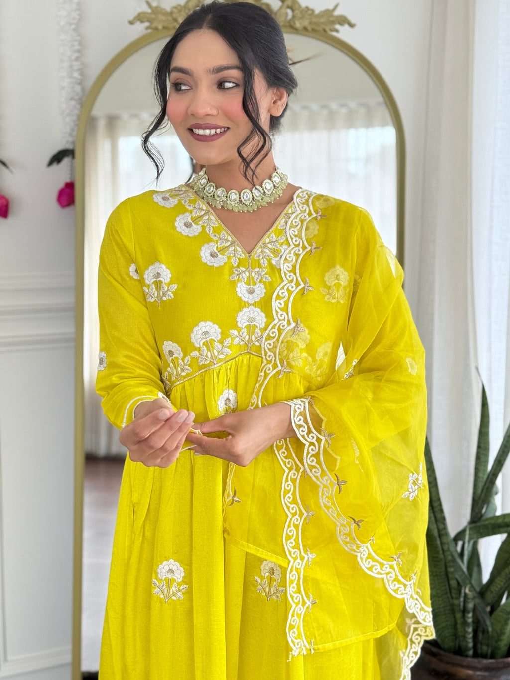The52 Women's Gorgeous Vichitra Silk Embroidery Flared Kurta with Pant And Dupatta Set