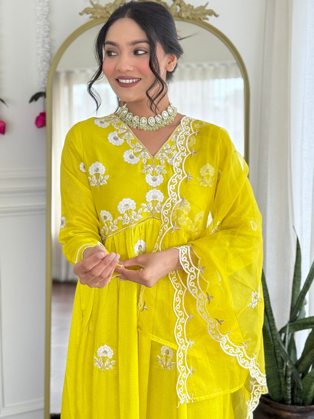 The52 Women's Gorgeous Vichitra Silk Embroidery Flared Kurta with Pant And Dupatta Set