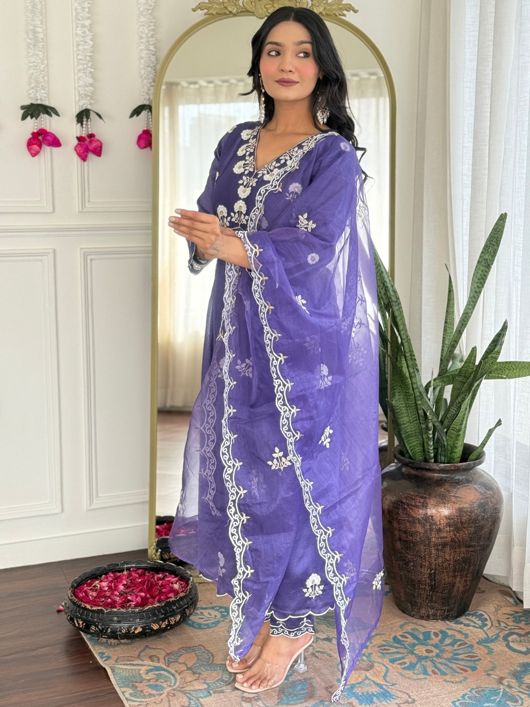 The52 Women's Gorgeous Vichitra Silk Embroidery Flared Kurta with Pant And Dupatta Set