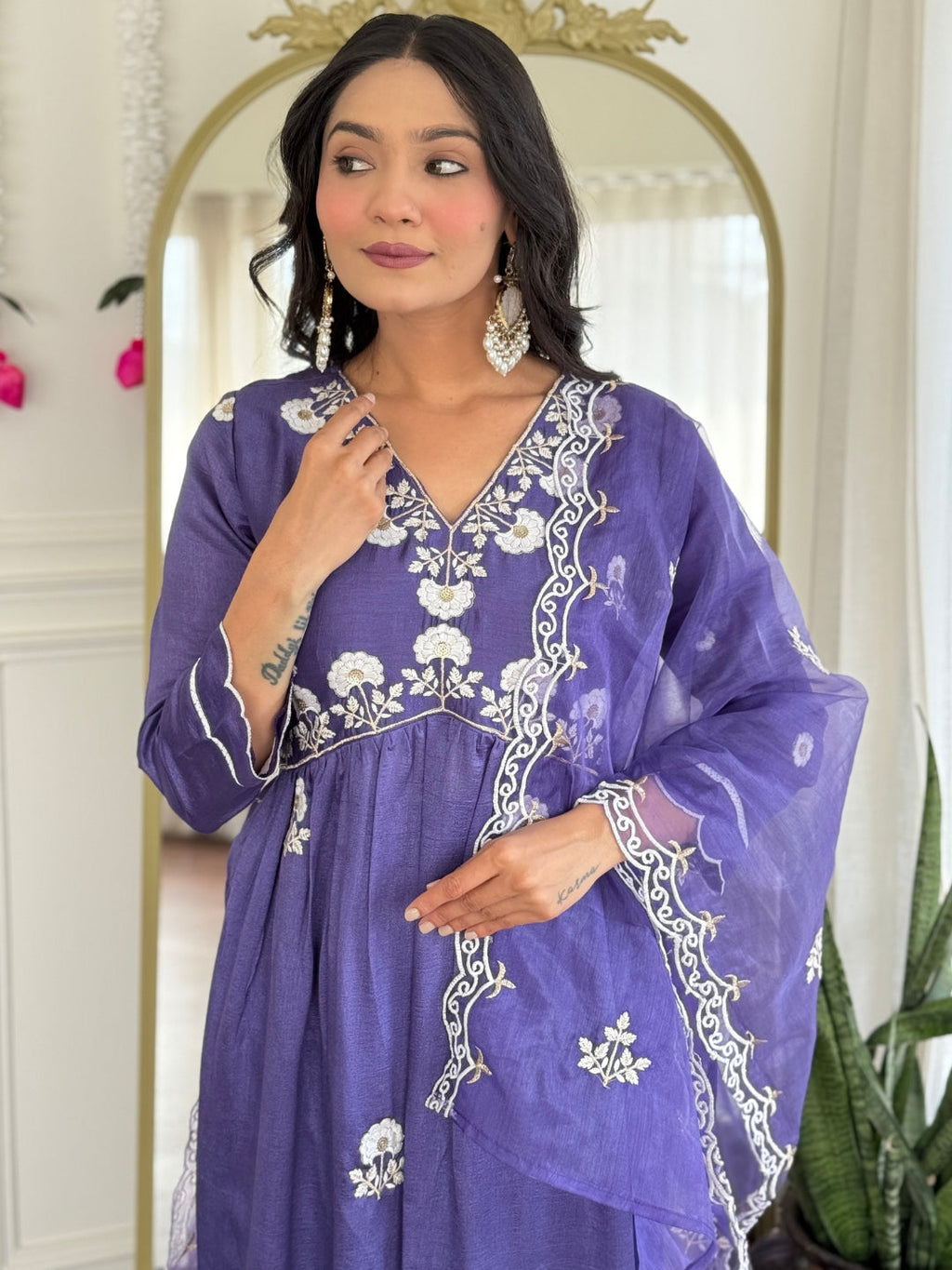 The52 Women's Gorgeous Vichitra Silk Embroidery Flared Kurta with Pant And Dupatta Set