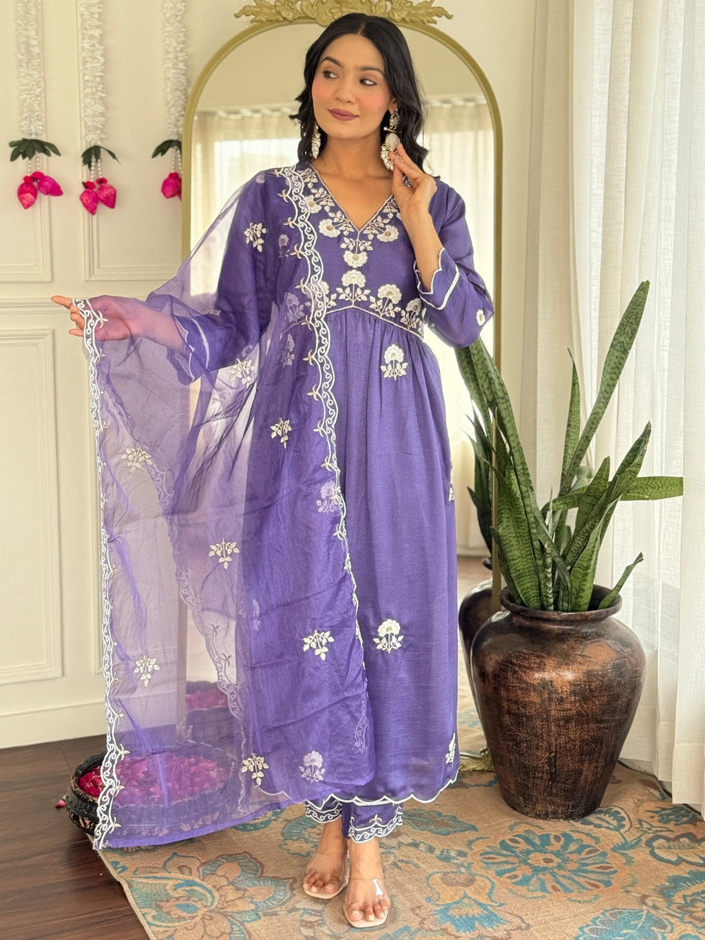 The52 Women's Gorgeous Vichitra Silk Embroidery Flared Kurta with Pant And Dupatta Set