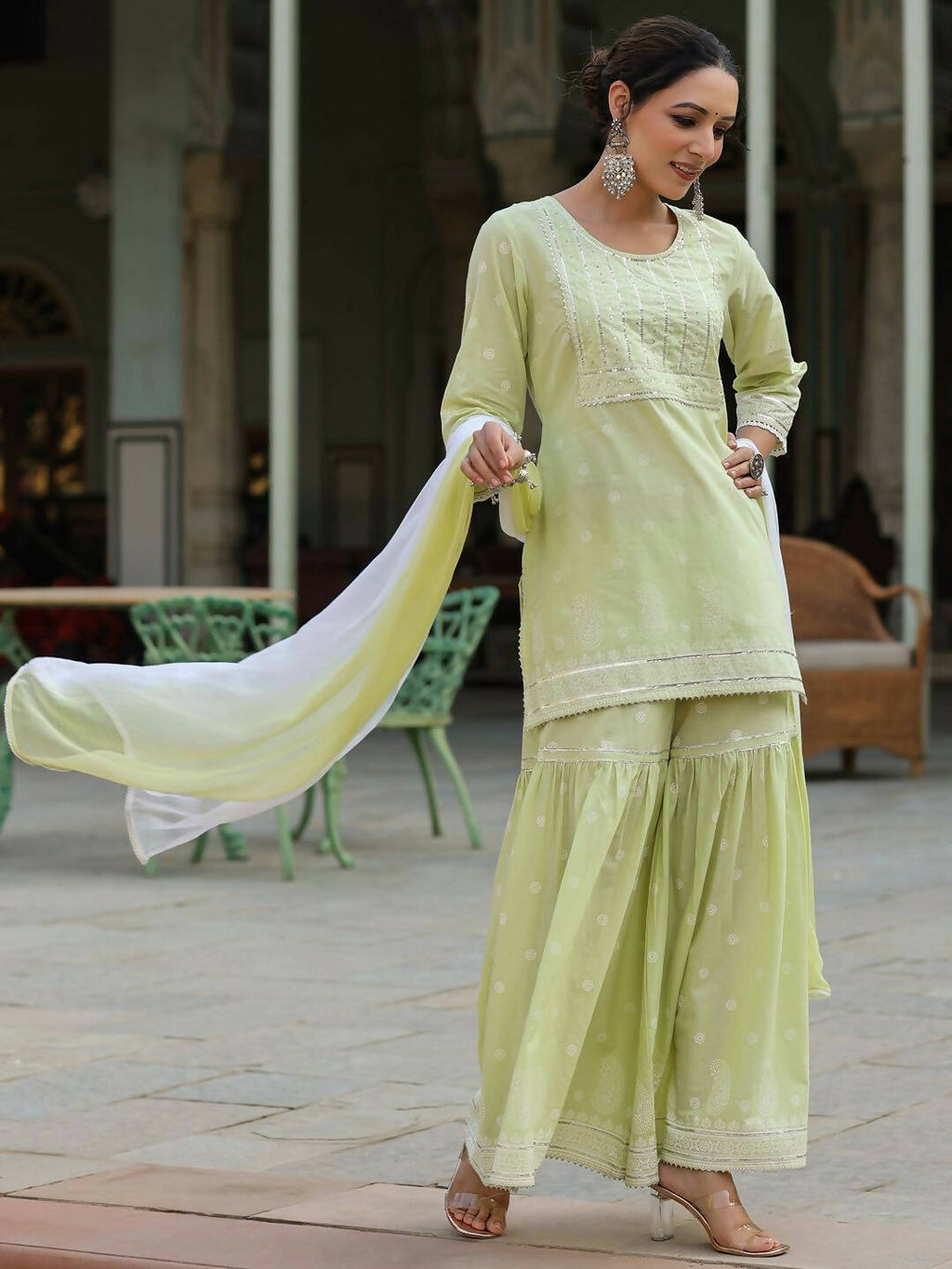 Juniper Women's Lime Green Cambric Floral Print Kurta Sharara Sets