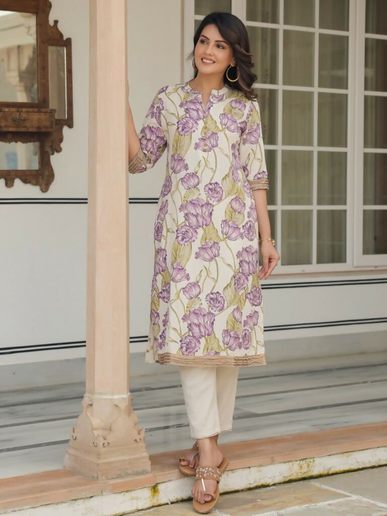 Aramya Straight Linen Cotton Floral Print Women's Kurta - Off White