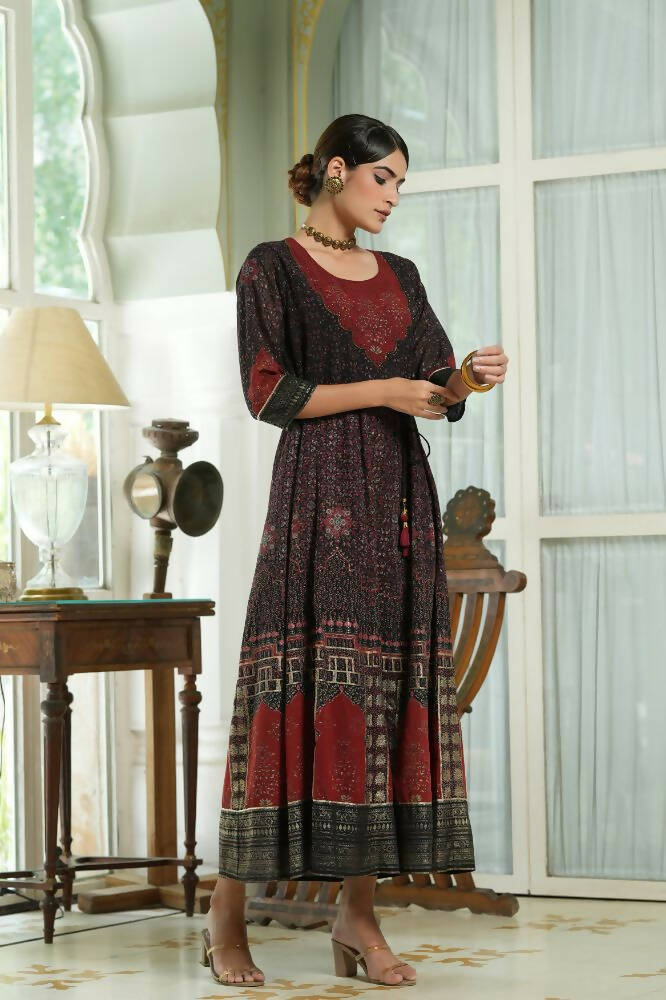 Juniper Black Georgette Festive Printed Anarkali Flared Anarkali Kurta For Women