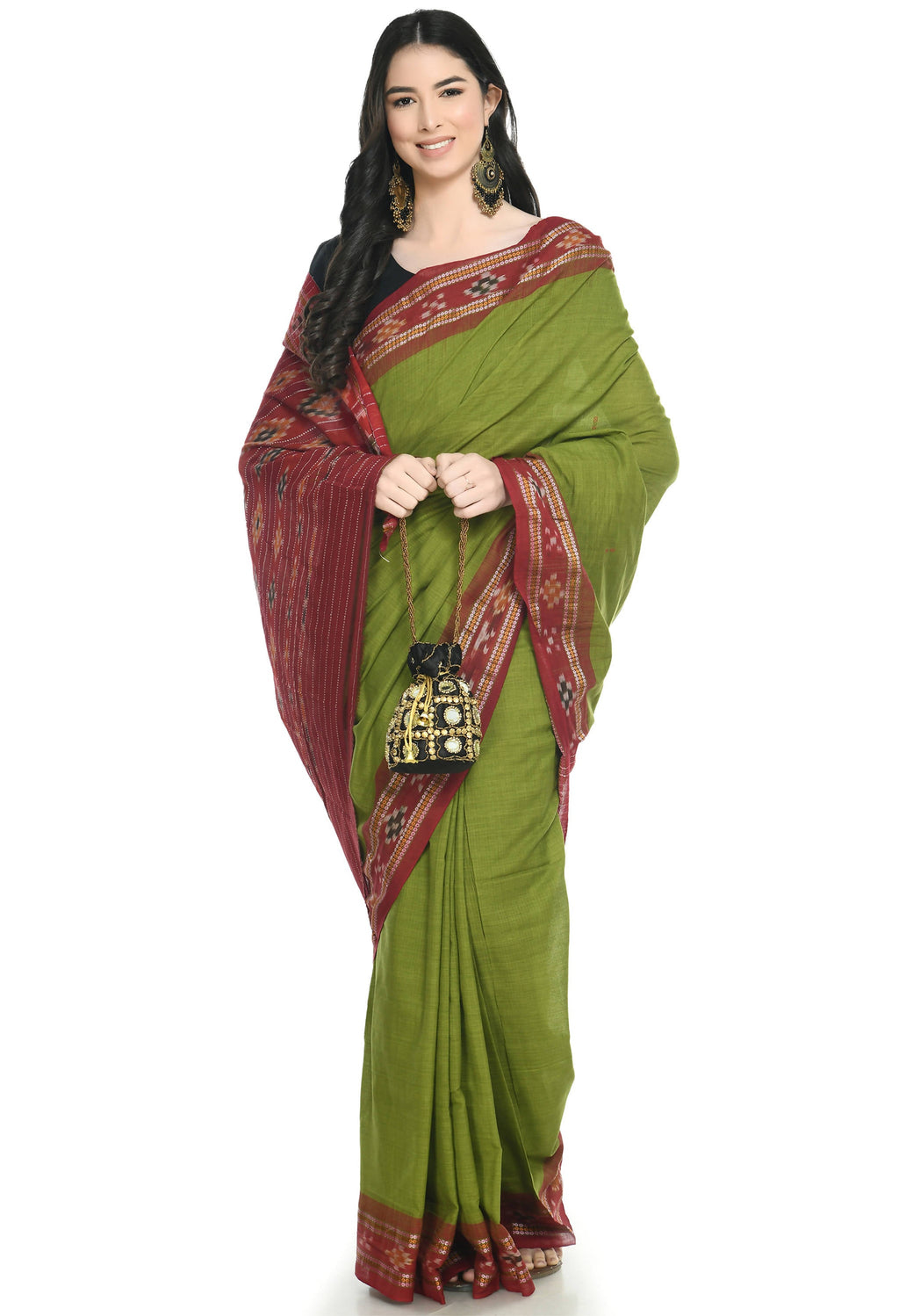Vamika Sambalpuri Ikat Cotton Rekhabala Buti Green & Red Saree