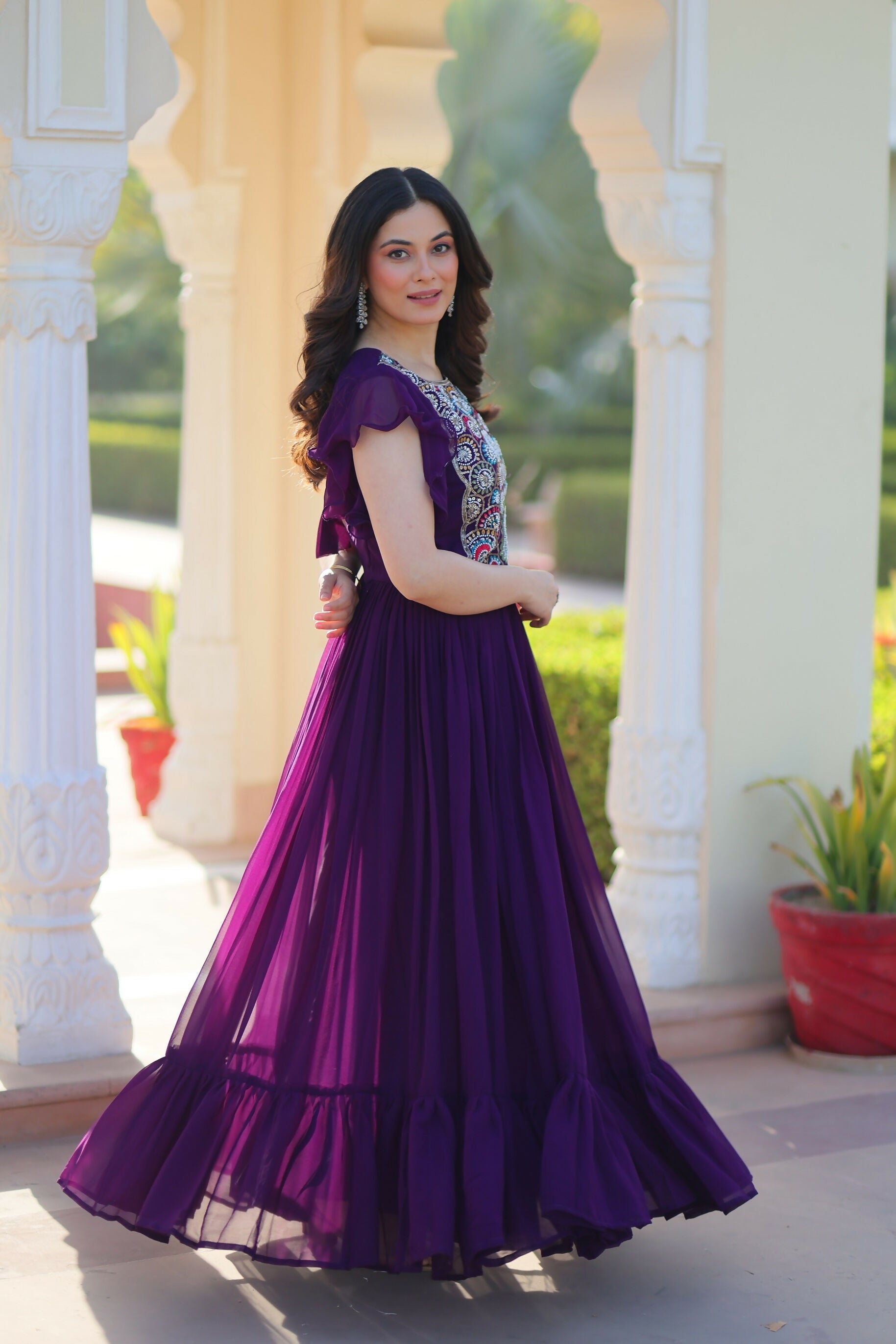 Joban Fashion Purple Georgette Sequence Embroidery Work Gown
