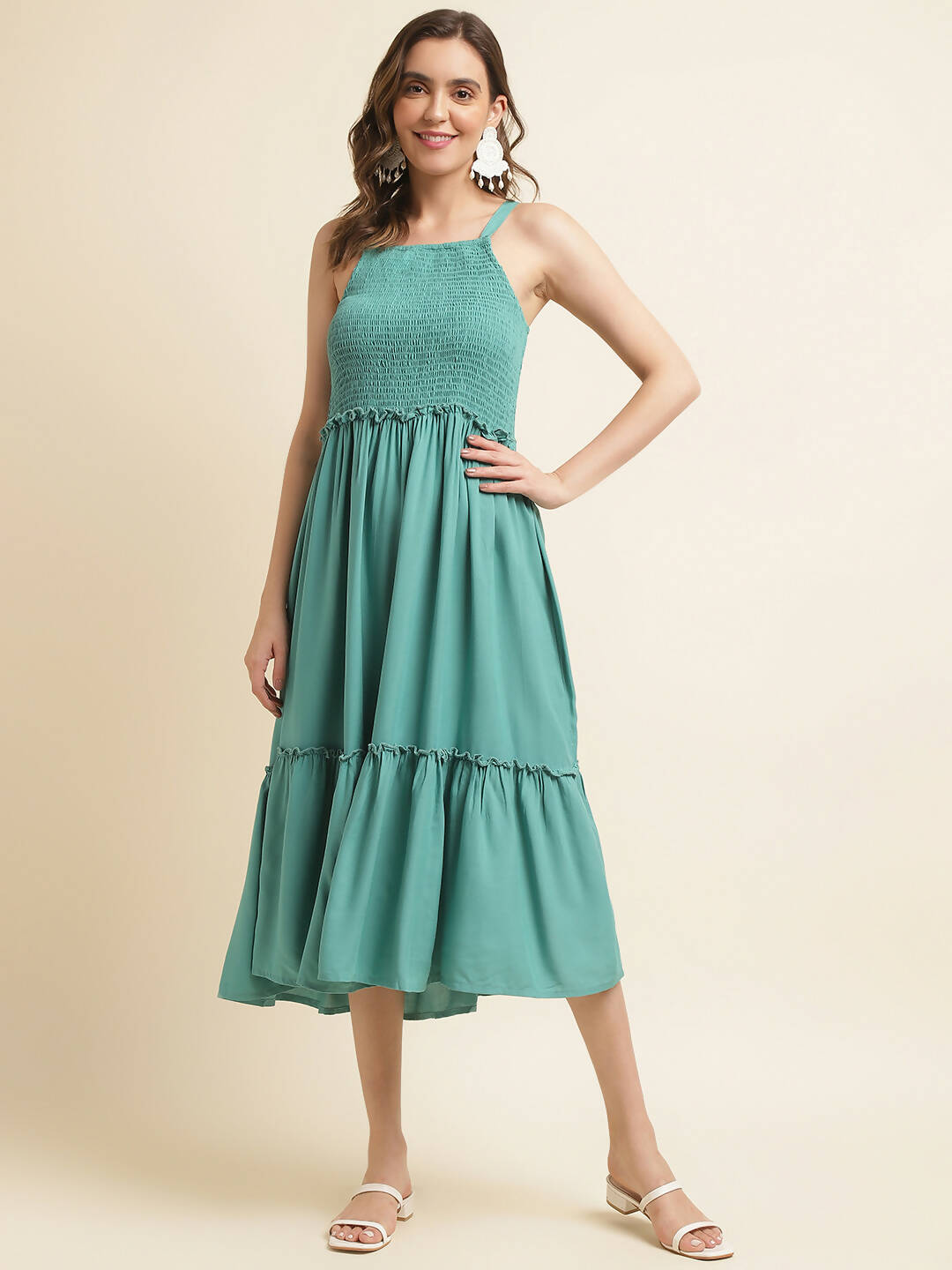 Light Blue Cotton Solid Flared Dress with Printed Shrug - Yukti