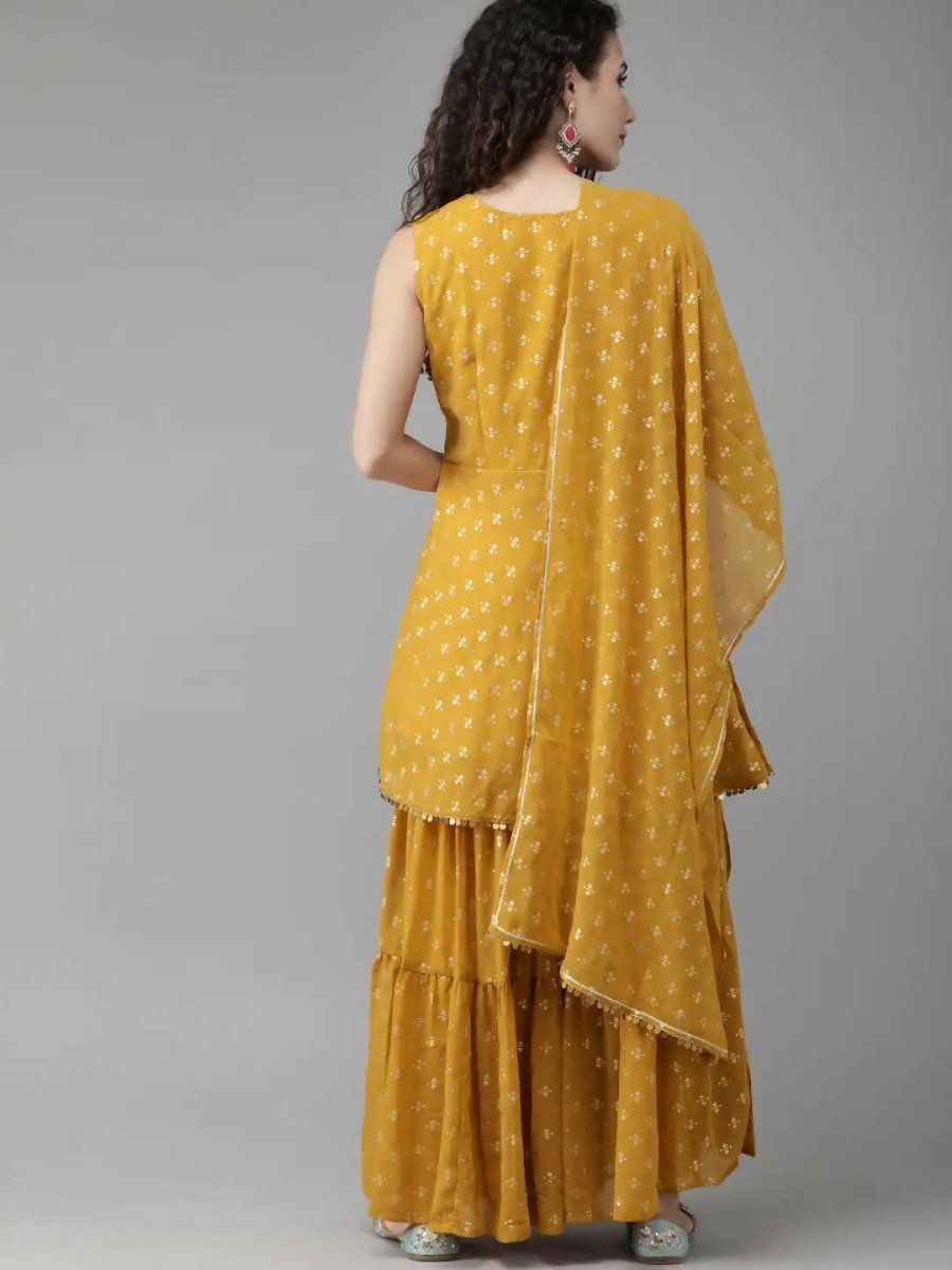 Ahalyaa Mustard Georgette Gold Foil Print Peplum Kurta Sharara Set With Dupatta
