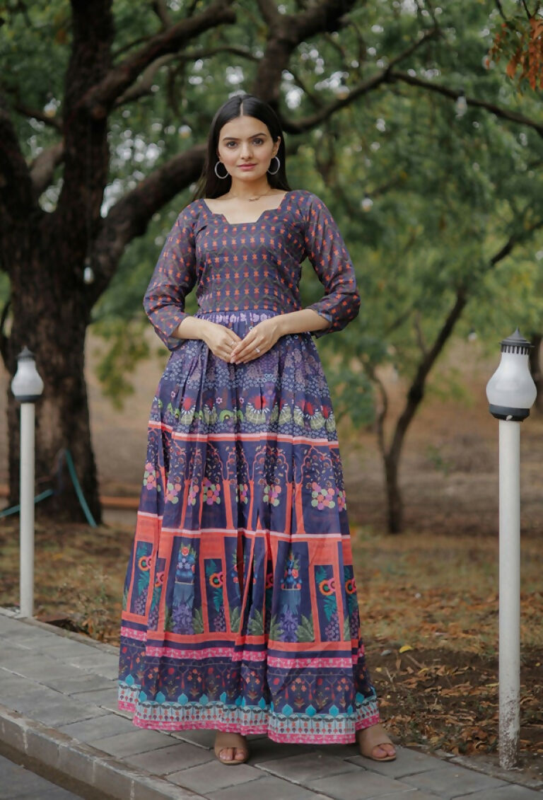 Jyoti Fashion Women's Purple Heavy Digital Printed Pure Chanderi Anarkali Dress