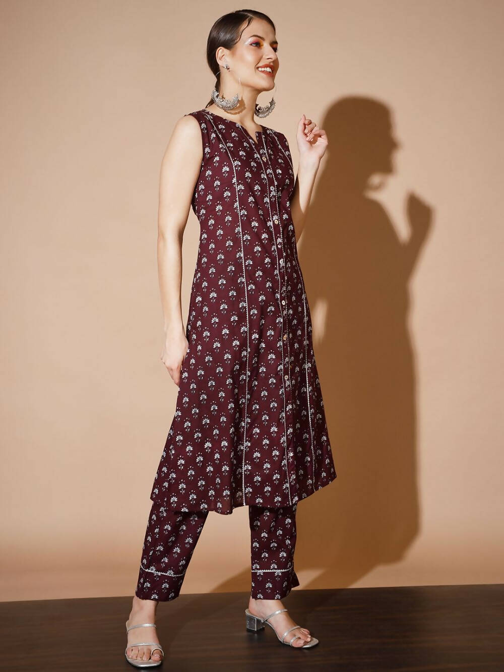Myshka Women Rust Floral Kurta & Trousers