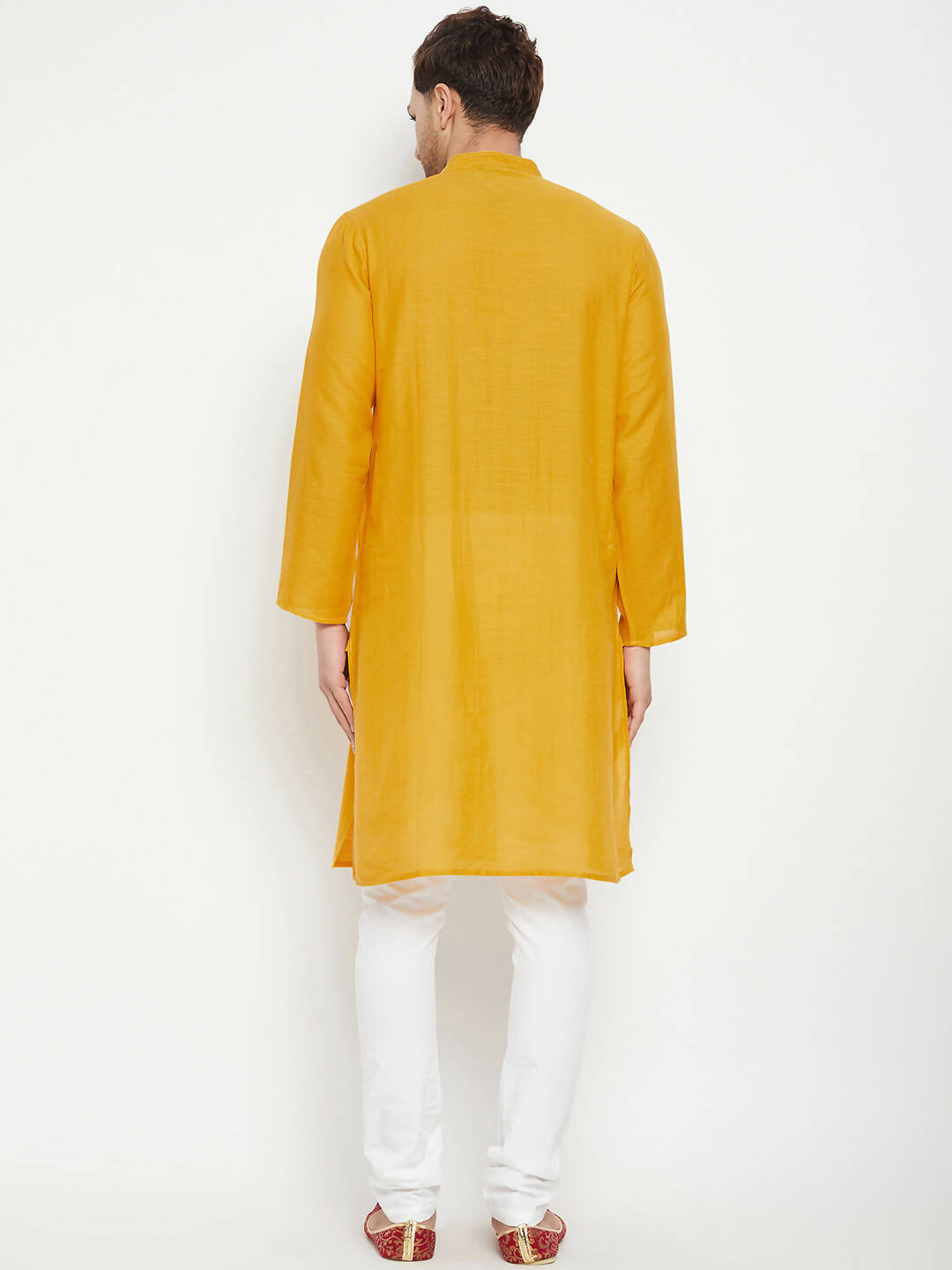 Even Apparels Yellow Pure Cotton Long Men's Kurta With Band Collar