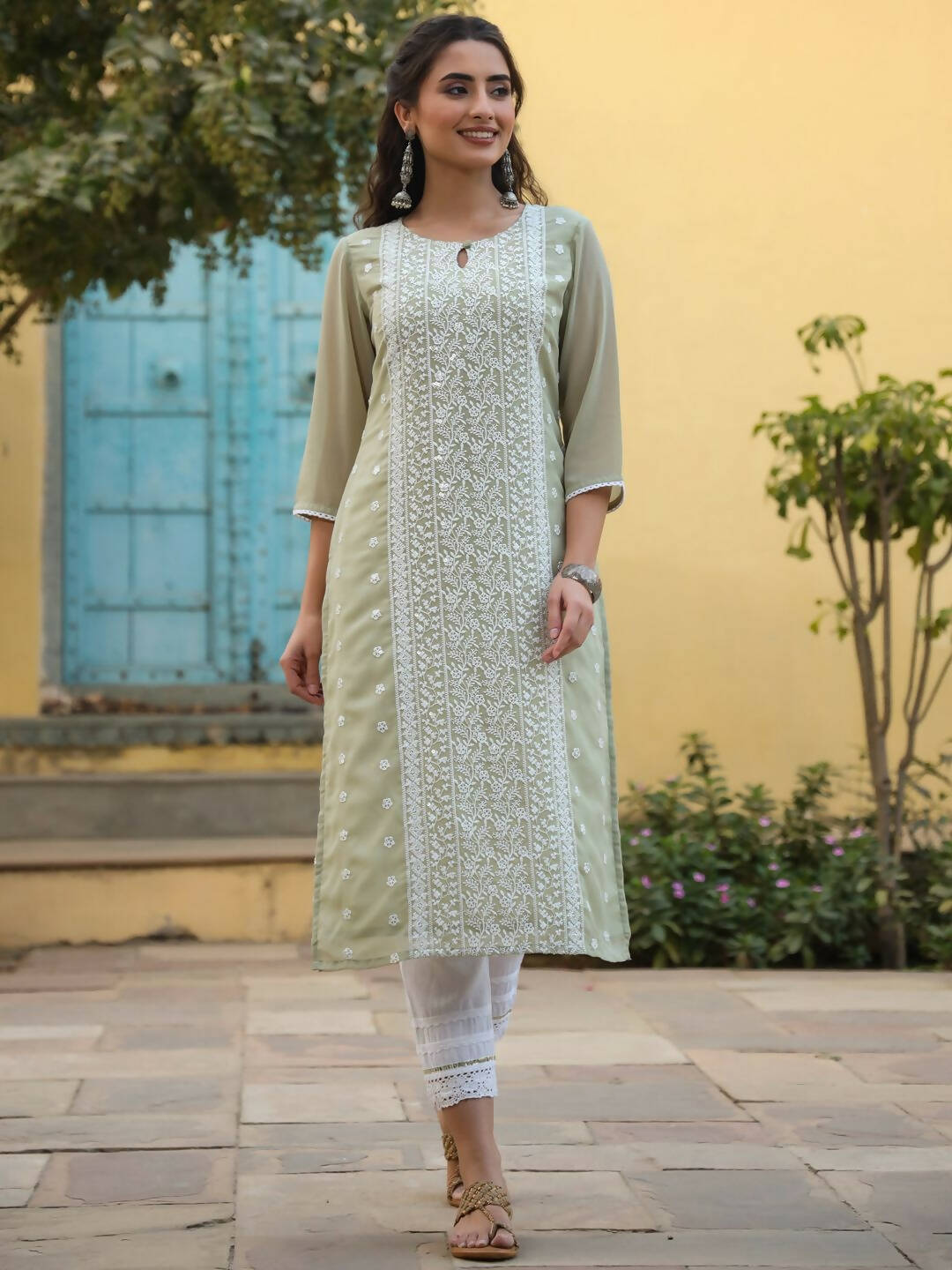 Juniper Women's Ltgreen Georgette Printed Kurta