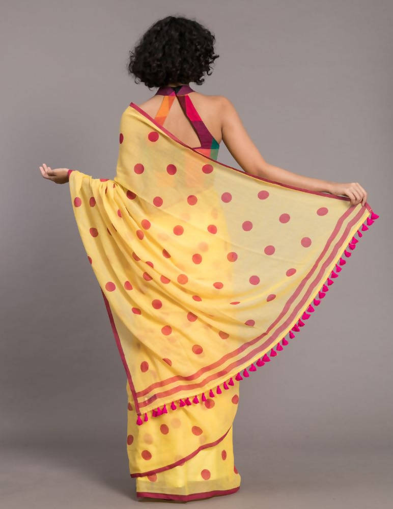Suta Yellow Pink Polka Printed Pure Cotton Saree