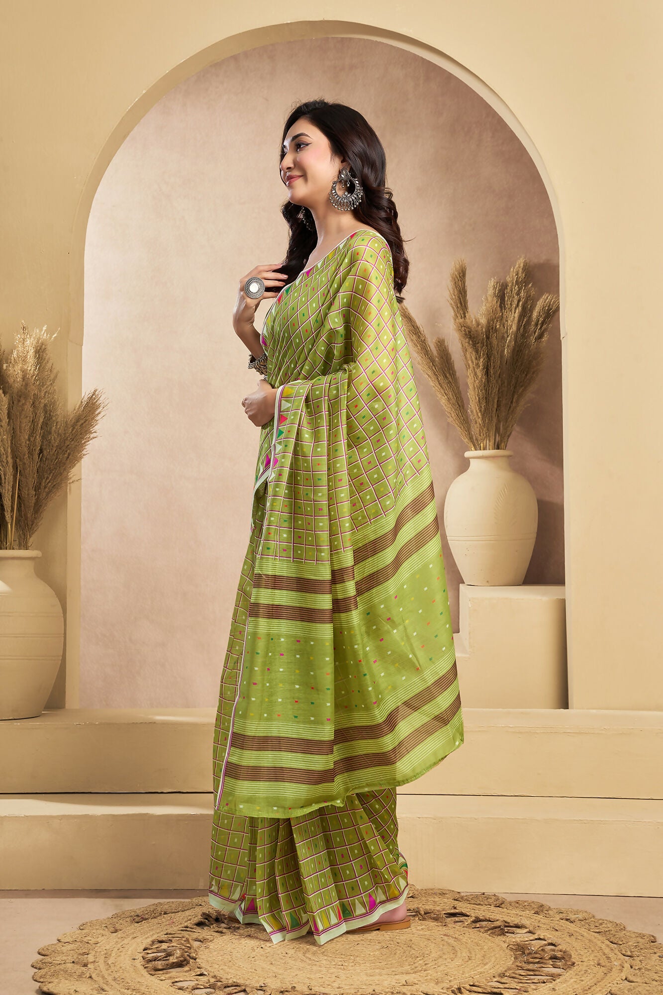 Vastranavya Mehendi Digital Printed Linen Ready To Wear Designer Saree with Unstitched Blouse