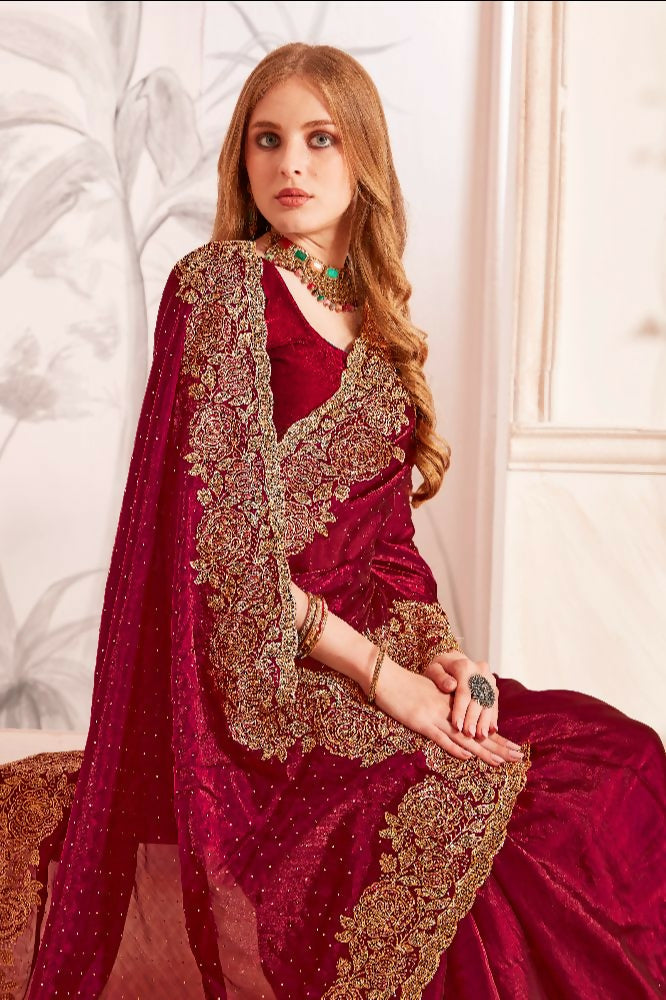 PR Fashion Maroon Fendi Two Tone Silk Heavy Zari & Resham Embroidery Work With Heavy Zircon Work Saree
