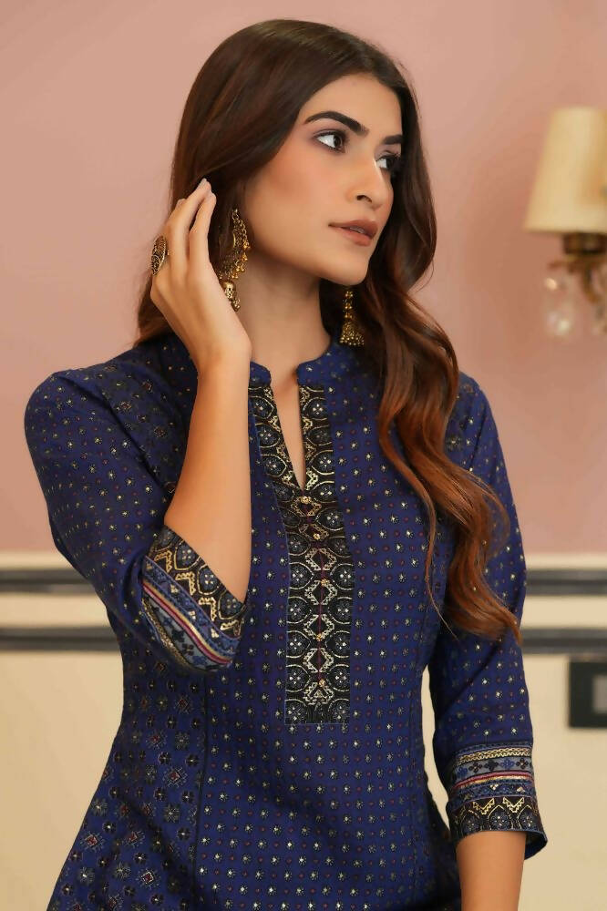 Juniper Indigo Rayon Festive Gold Foil Printed Straight Kurta For Women