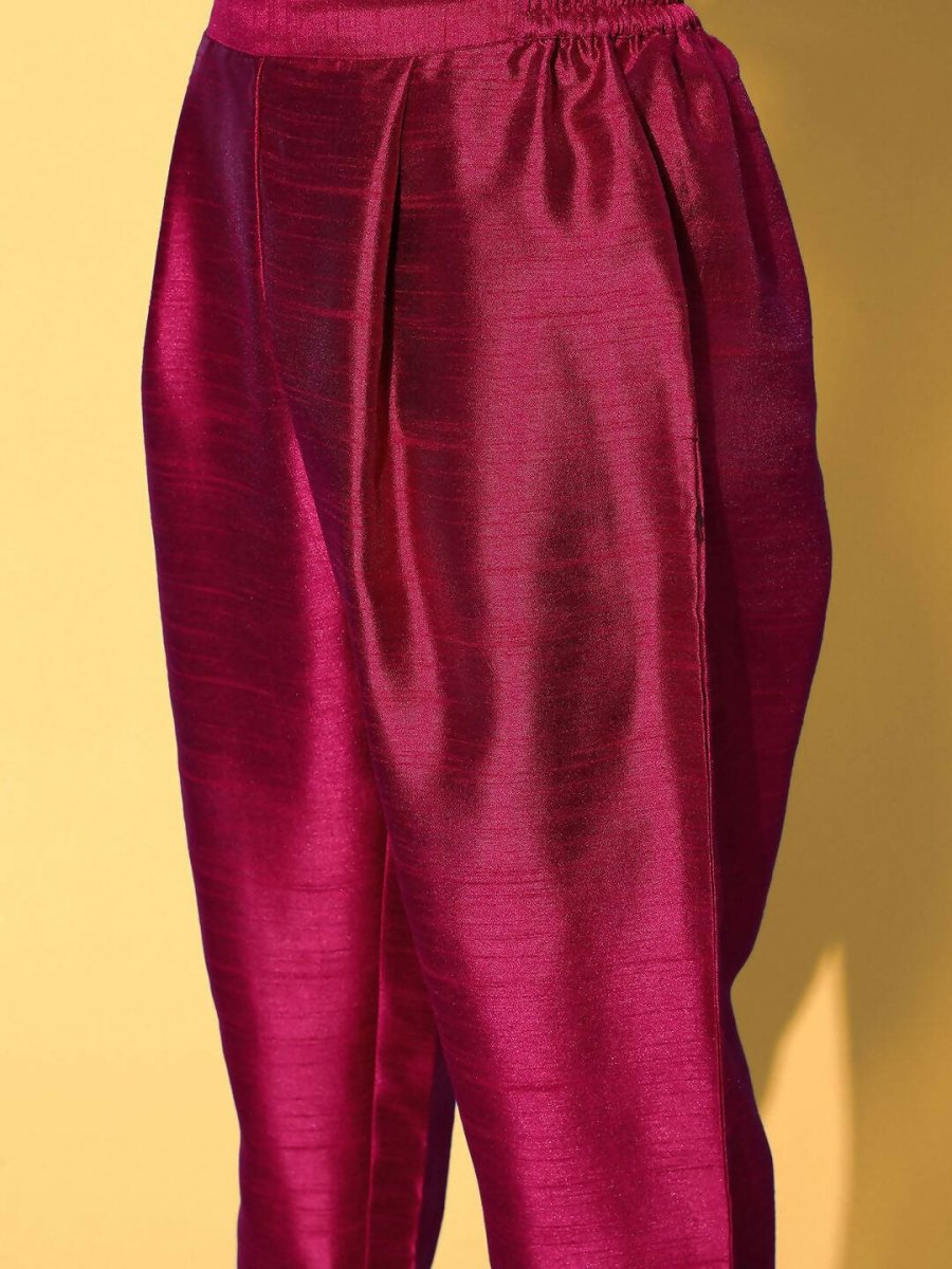 Ahalyaa Women's Wine Colour Poly Silk Gold Paste Printed Kurta Pant Set