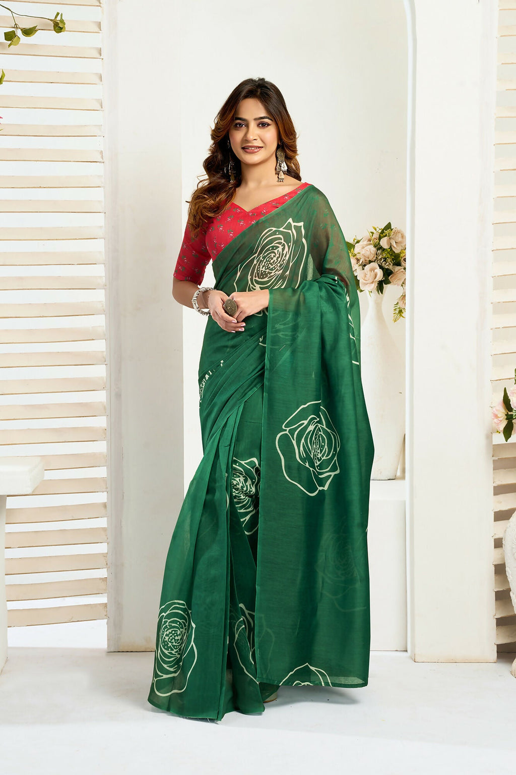 Vastranavya Green Digital Printed Linen Ready To Wear Designer Saree with Unstitched Blouse