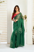Vastranavya Green Digital Printed Linen Ready To Wear Designer Saree with Unstitched Blouse