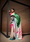 Green Satin Digital Printed Saree with Unstitched Blouse Piece - Jodha