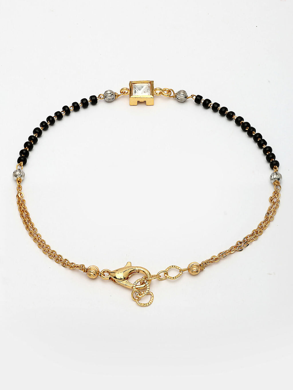 NVR Women Gold-Polished & Black Brass Stone-Studded Hand Mangalsutra Link Bracelet