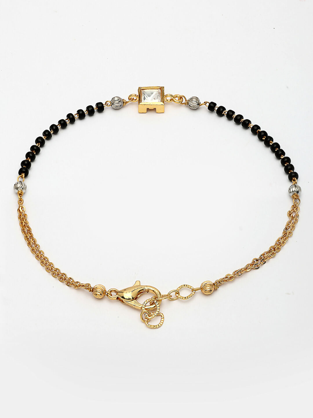NVR Women Gold-Polished & Black Brass Stone-Studded Hand Mangalsutra Link Bracelet
