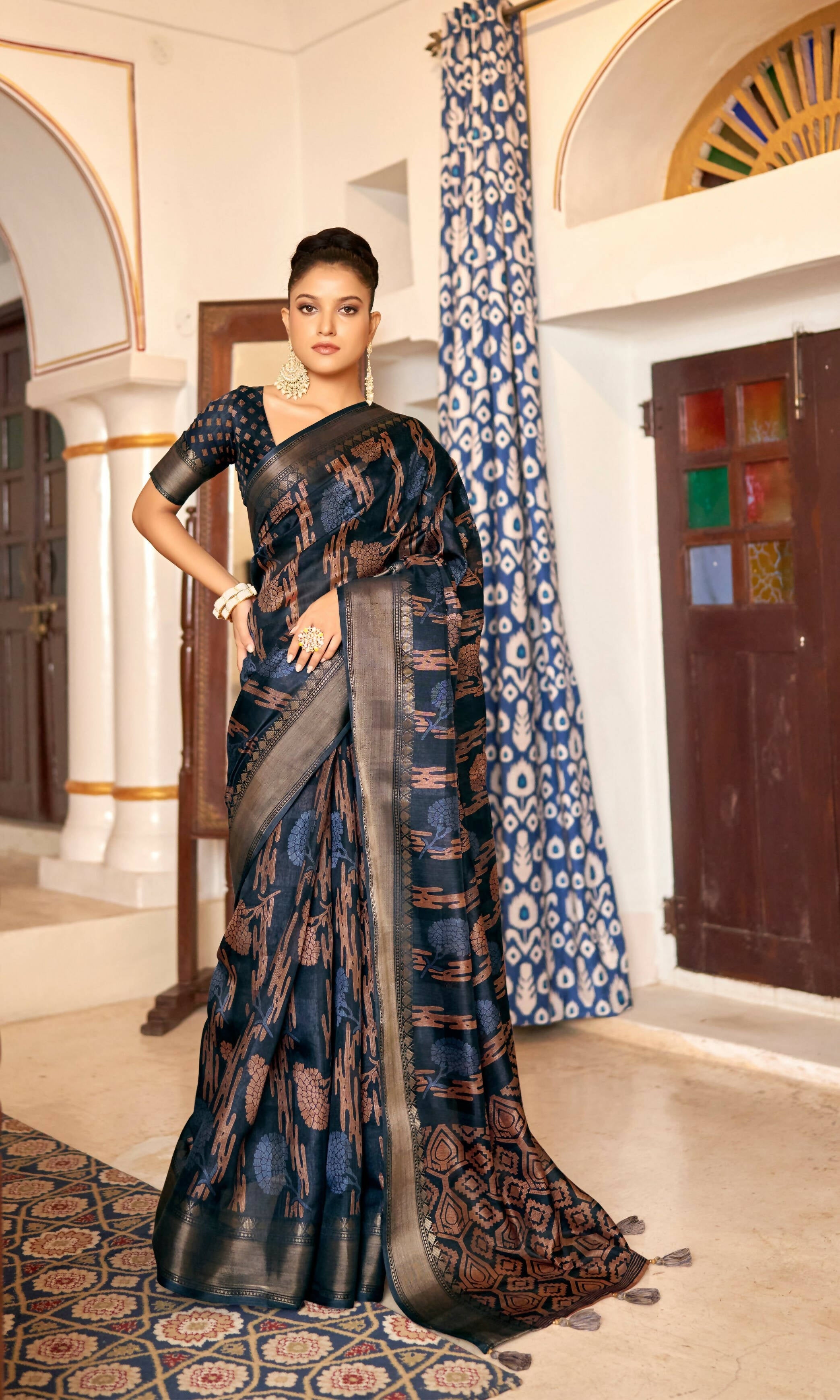 Navy Blue Patta Poly Cotton Floral Printed Saree With Unstitched Blouse Piece - Shades