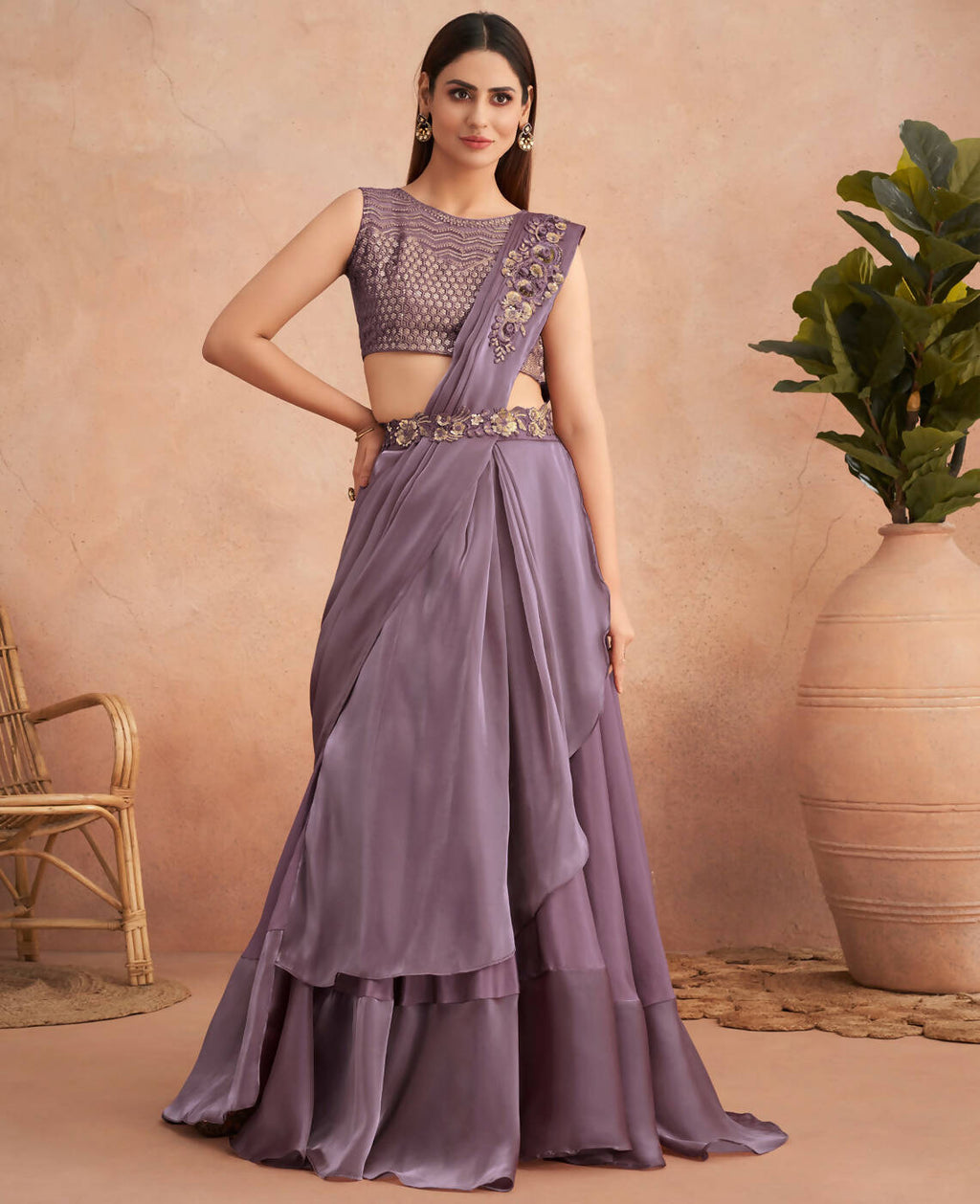 Purple Satin Embroidered Ready To Wear Saree With Unstitched Blouse Piece - Nandika
