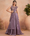 Purple Satin Embroidered Ready To Wear Saree With Unstitched Blouse Piece - Nandika