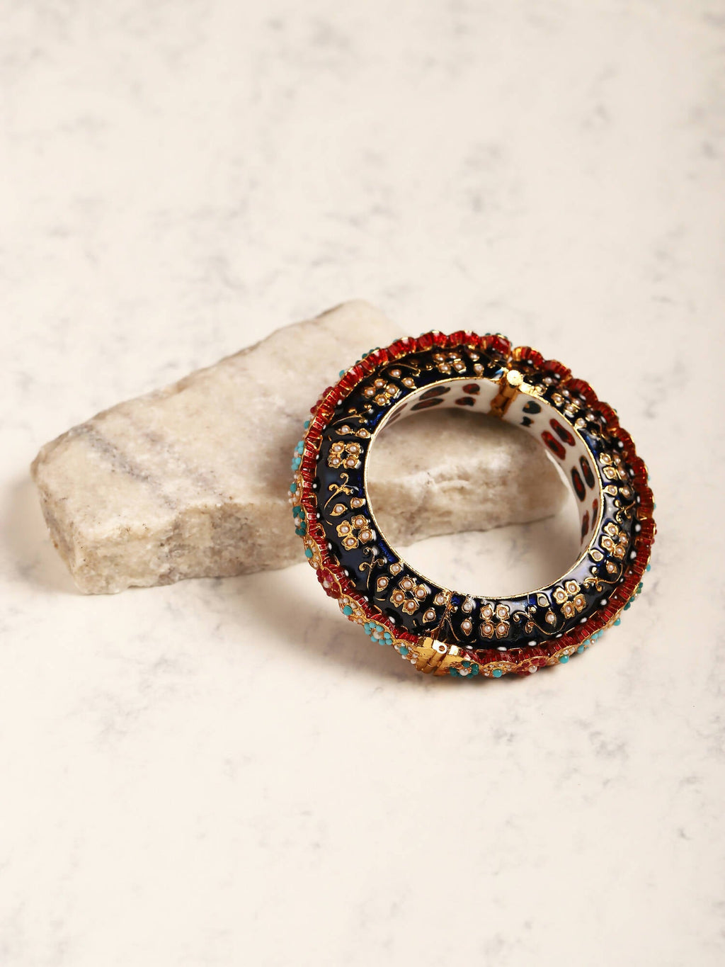 Gold-Polished Blue White Kundan Studded Pearls Beaded Bangle - Ruby Raang