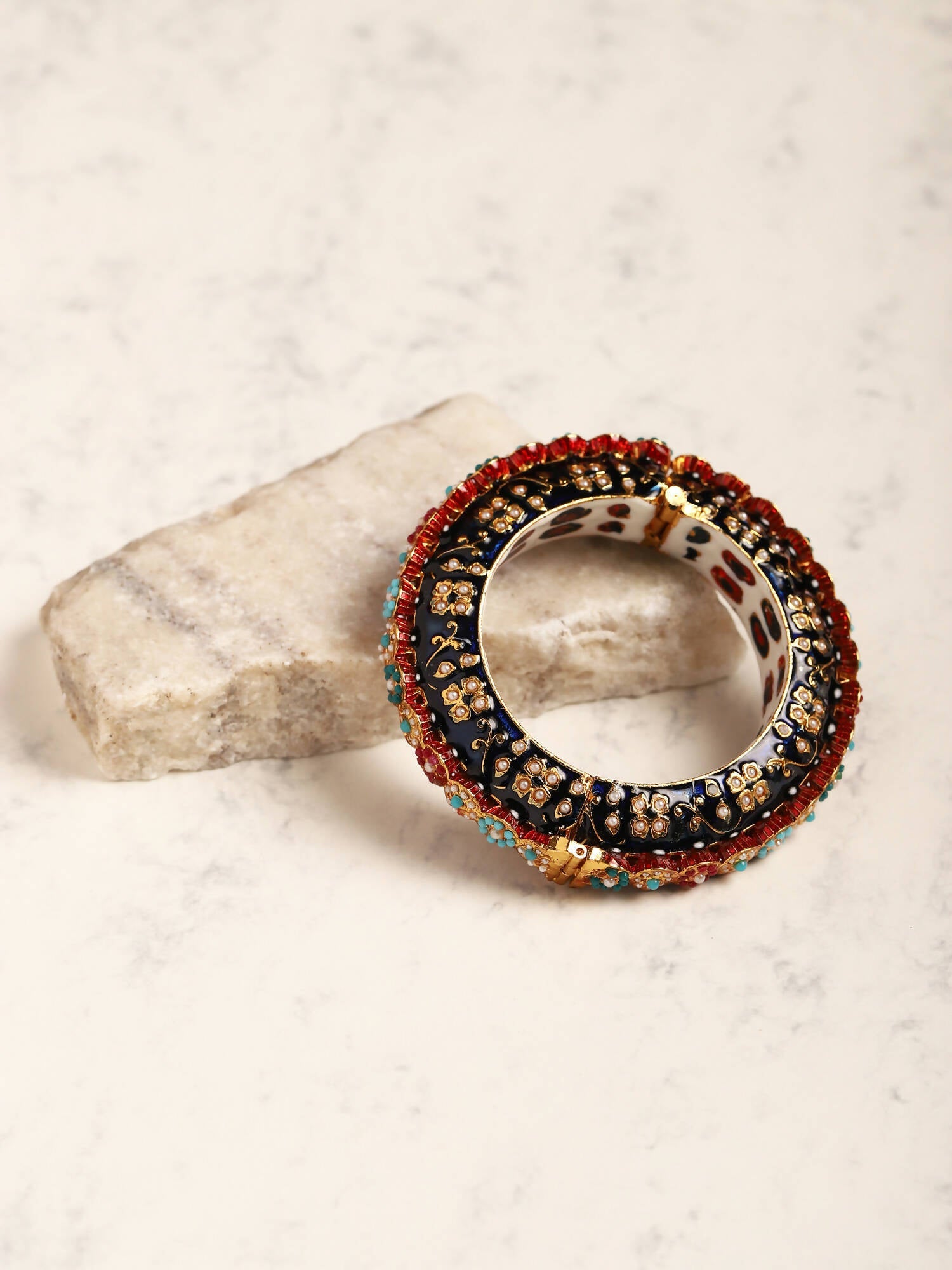 Gold-Polished Blue White Kundan Studded Pearls Beaded Bangle - Ruby Raang