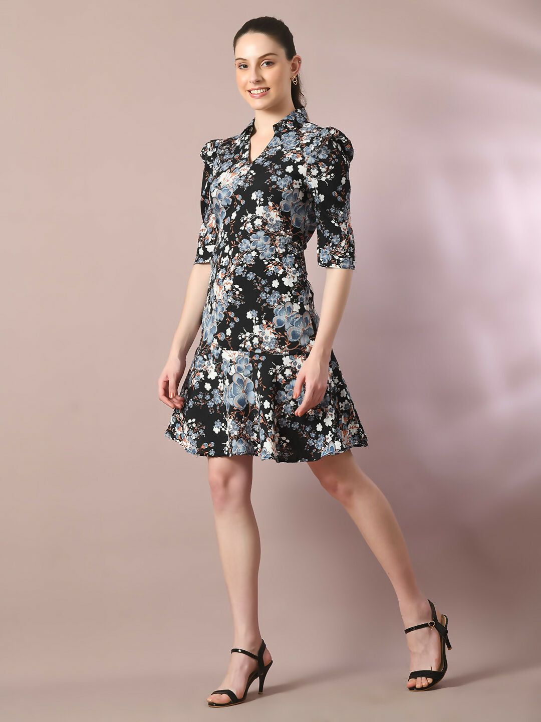 Myshka Women's Black Printed Shirt Collar Fit and Flare Party Dress