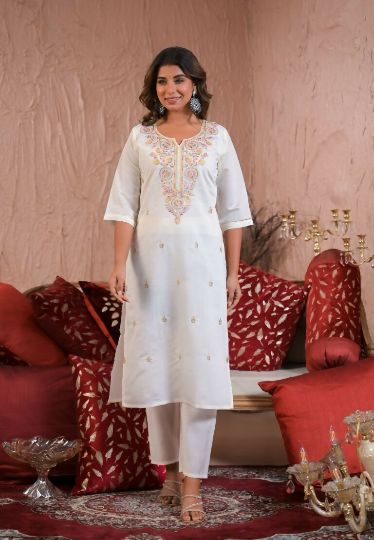 Ethnic Festive Wear Viscose Chanderi Off White Stitched Suit With Dupatta - Tanisha