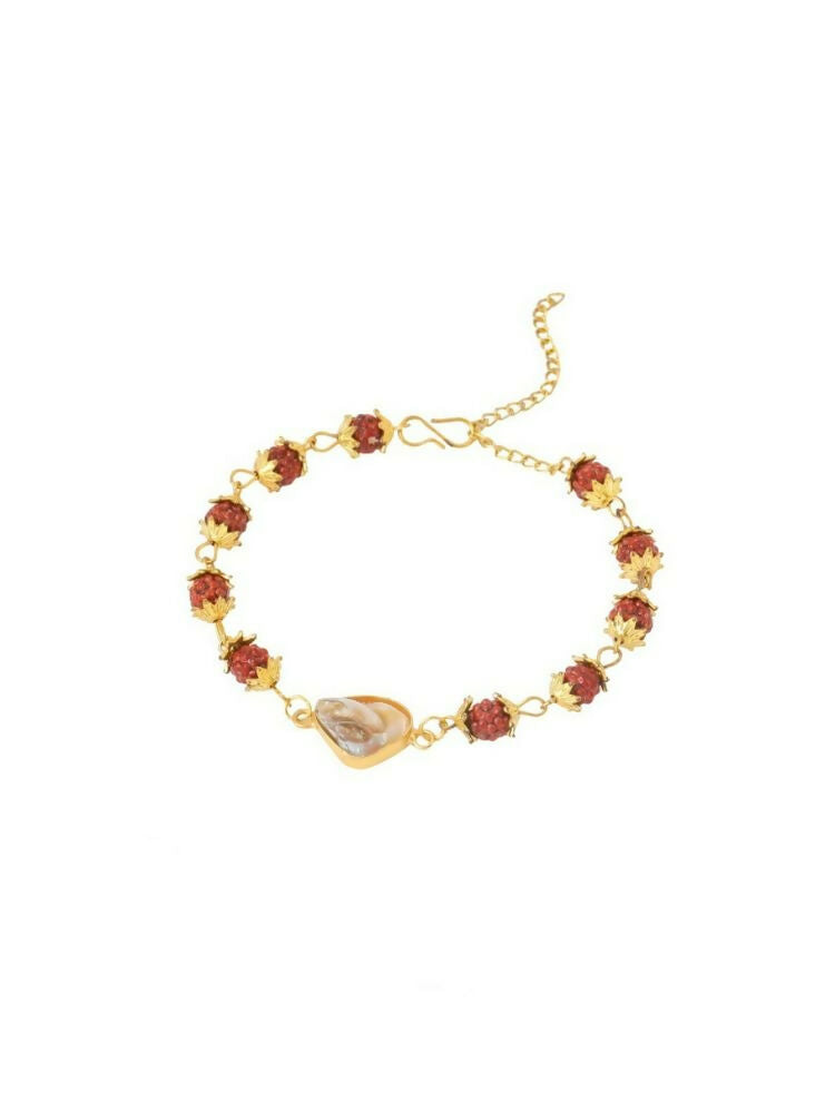 NVR Women's Gold Toned Rudraksh & Pearls Bracelet